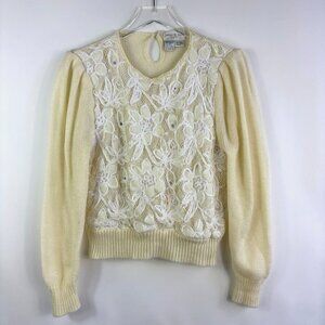 Vintage Womens Sweater Small Ivory White Lace Mesh Coquette Feminine Floral 70s